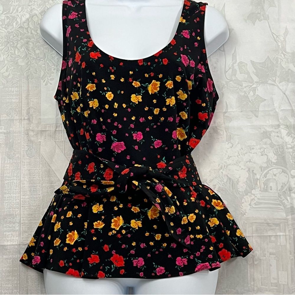 Eva Mendes New York Black Floral Sleeveless Blouse Top Zipper W/ Belt Medium